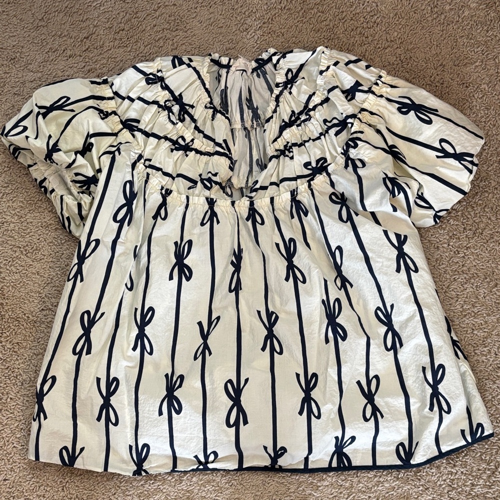 Chic Navy Bow Print Women's Blouse